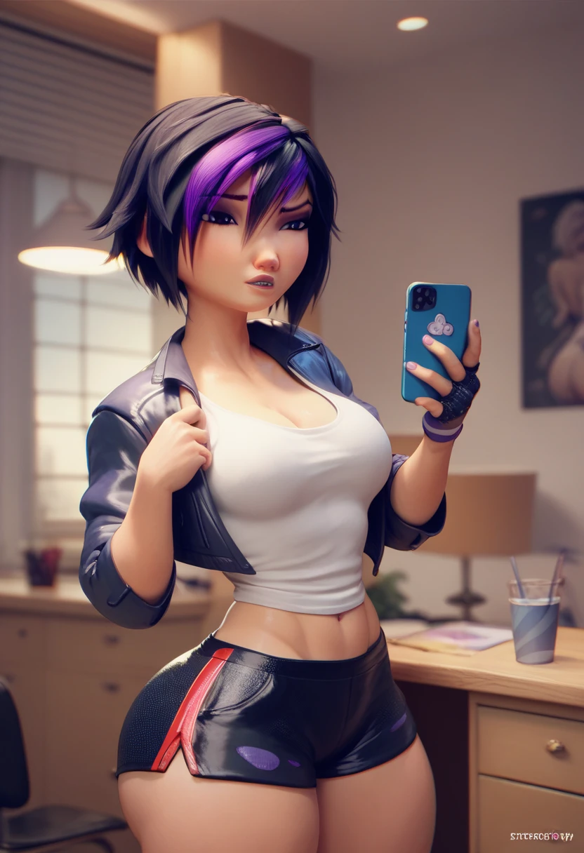 score_9, score_8_up, source_3d, BREAK 1girl, solo, breasts, cleavage, looking at viewer, gwentd, two-tone hair, tank top, portrait, selfie, depth of field,