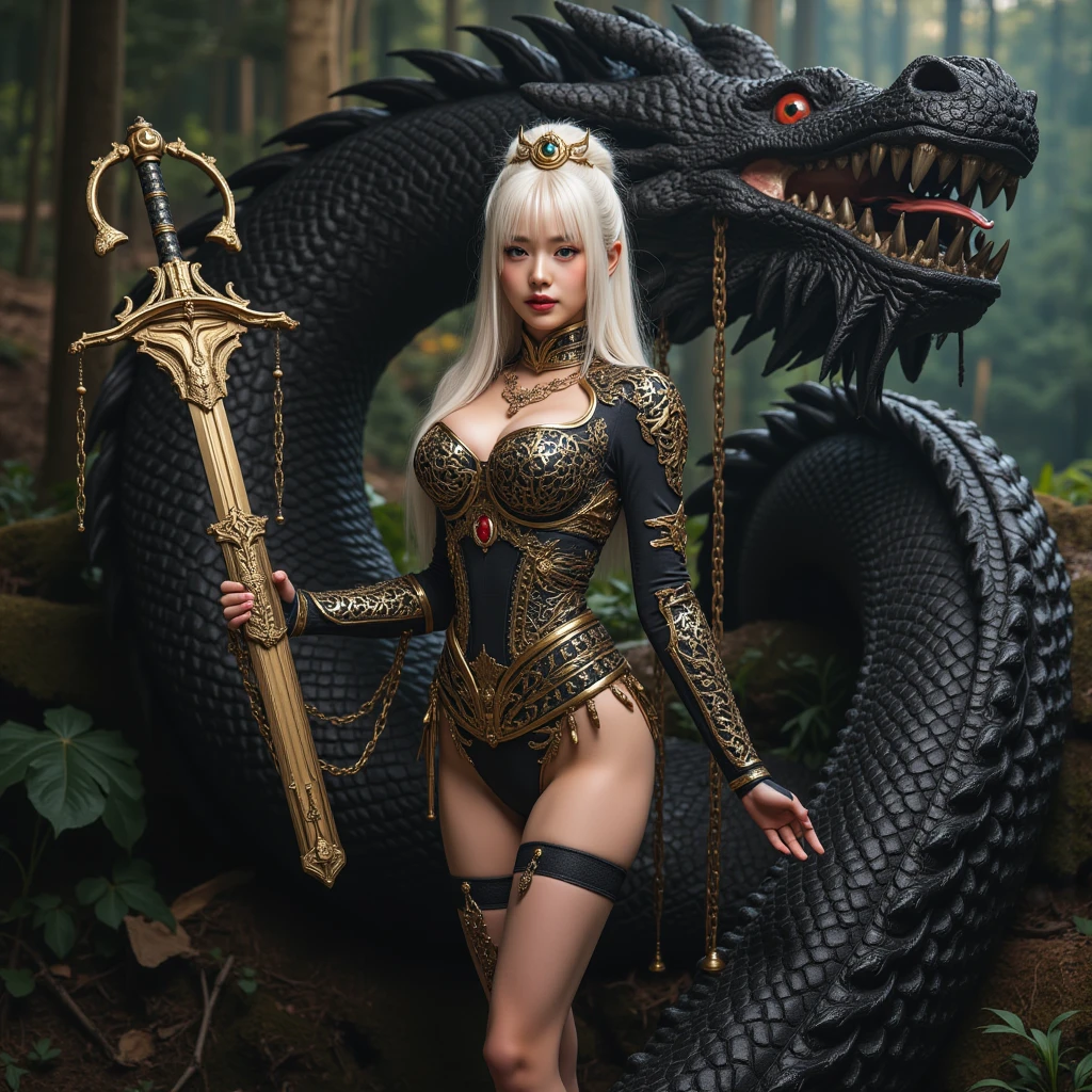 Against the backdrop of (lush jungle) and under the misty veil of (majestic waterfalls), the (radiant blonde warrior) sits on a rock, her gaze fixed directly on the camera lens. The (dark night sky) sparkles above, lit by the (fiery red moon). Red flames dance around her, casting a warm glow over her perfect physique. The (black bone bikini armor), adorned with highly detailed (bones) and Big spikes accentuates the perfect curves of her body. Her crown, made from dragon bone, sits atop her golden locks, as she sports a sultry smile. The gentle flow of the river creates a calming hum, while the warrior's confidence radiates through the cinematic frame. (Black Armor, Bone Armor, Big spikes Armor:1.3), (Bone crown:1.3)