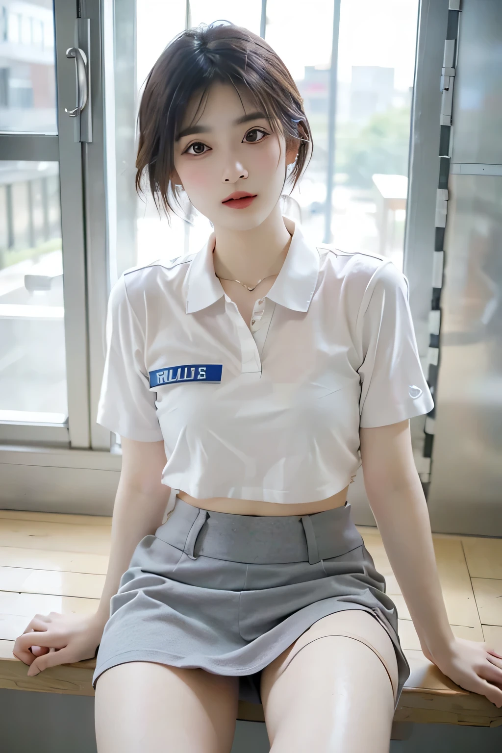 absurdres, RAW photo, extremely delicate and beautiful, masterpiece, Best Quality, ultra high resolution, 32k, hyperrealistic, ultra-detailed, perfect anatomy, perfect figure, super Detailed skin, 20 years old, very Slim body, narrow waist, very small head, very small face, delicate facial features, tearful mole, earring, thin legs, ((very huge round breasts)), full body shot, ((alone)), short medium hair, ((wavy hair)), (((golf Jersey))), shorts,