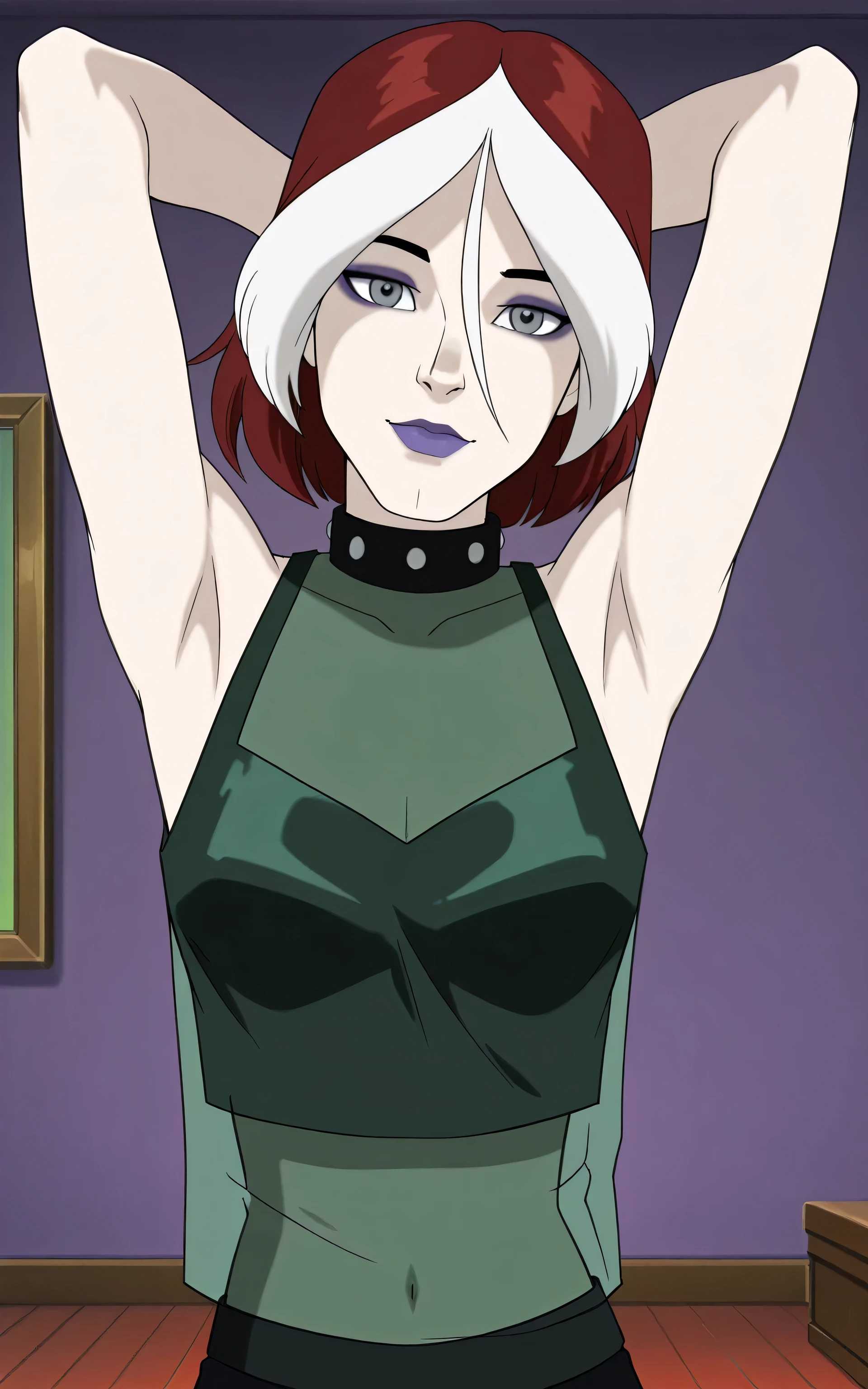 masterpiece, best quality, amazing quality, anime screencap, 1girl, solo, xroguex, dyed bangs, white hair, red hair, hair between eyes, (grey eyes:1.1), makeup, purple lips, collar, crop top, see-through shirt, sleeveless, bare shoulders, bare arms, arms behind head, armpits, head towards viewer, looking at viewer, light smile, closed mouth, front light, indoors