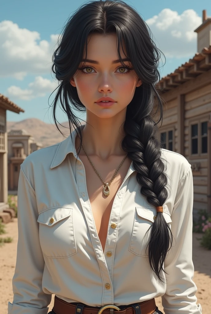 Adult european cowgirl, one braid, black Hair, light eyes, white shirt, light skin, digital art, realism, painting art