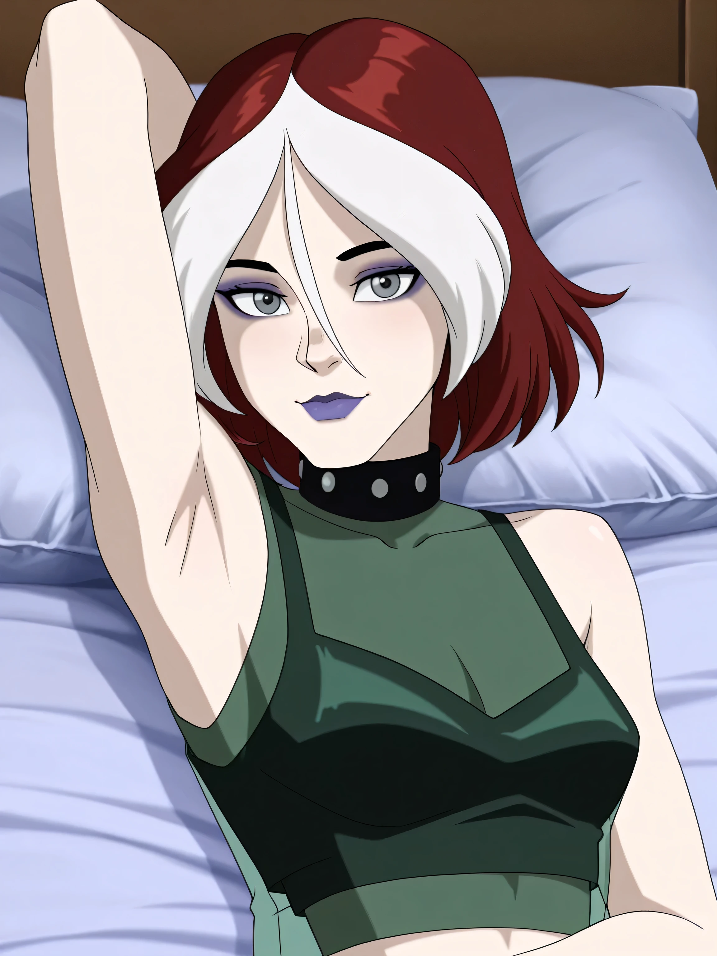 masterpiece, best quality, amazing quality, anime screencap, 1girl, solo, xroguex, dyed bangs, white hair, red hair, hair between eyes, (grey eyes:1.1), makeup, purple lips, collar, crop top, see-through shirt, sleeveless, bare shoulders, bare arms, arm behind head, armpit, head towards viewer, looking at viewer, light smile, closed mouth, front light, lying in bed, blush