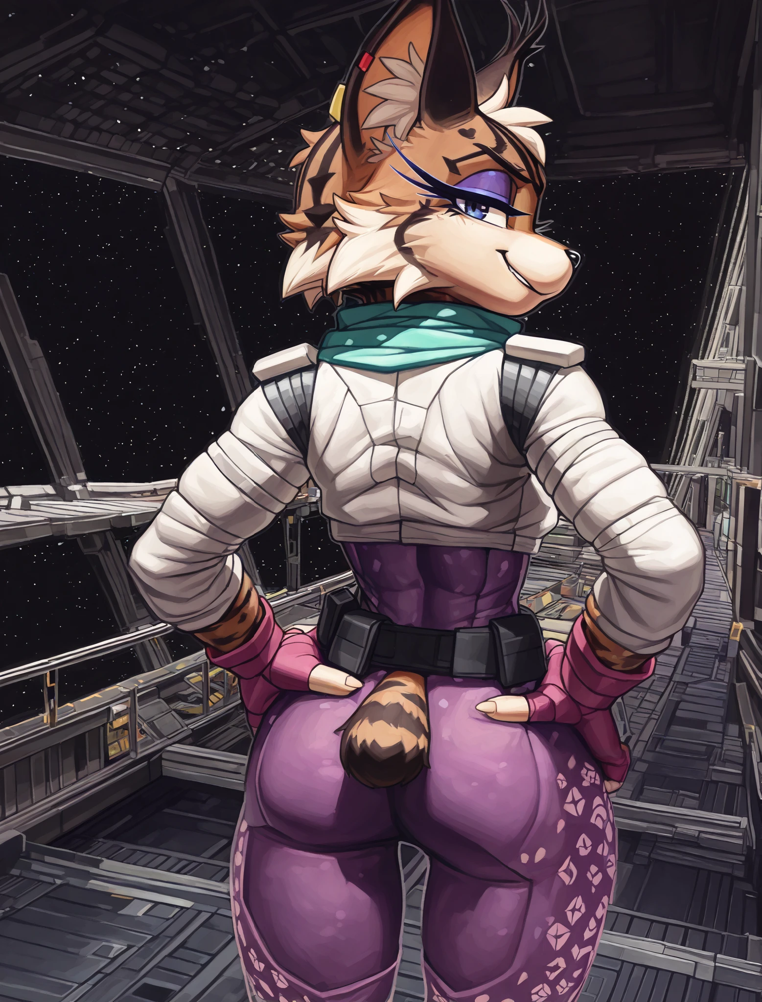 ((Miyu Lynx)), ((Starfox)), ((pixelsketcher style)), ((wamudraws style)), ((masterpiece)), ((high resolution)), ((solo portrait)) ((back view)), {(attractive figure), (toned body), (beautiful legs), (brown fur), (lynx pattern stripes), (black nose), (long pointed lynx ears), (dark blue eyes), (half lidded eyes), (indigo eyeshadow), (long eyelashes), (smug grin), (relaxed expression)}, {(purple jumpsuit), (white jacket), (hot-pink fingerless gloves), (turquoise scarf), (utility belt)}, {(standing), (hand on hip), (looking back at viewer)}, ((hangar)), ((space))