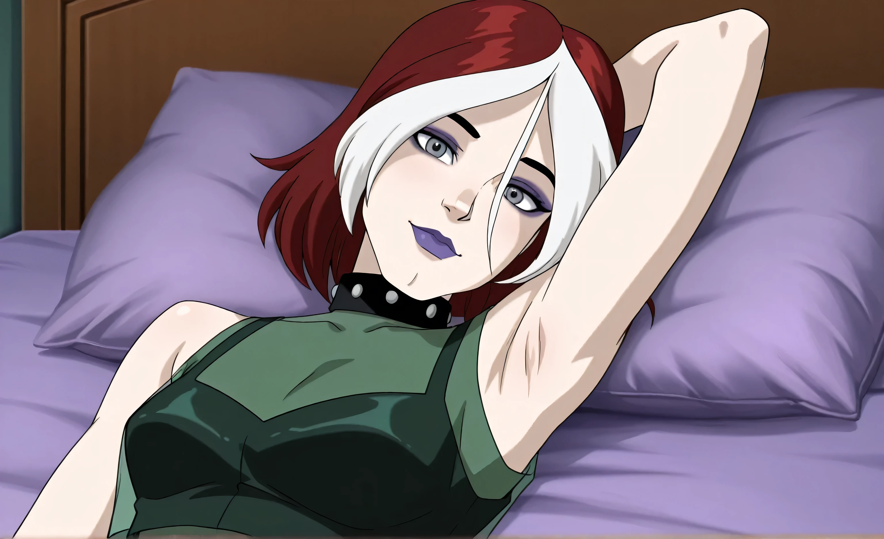 masterpiece, best quality, amazing quality, anime screencap, 1girl, solo, xroguex, dyed bangs, white hair, red hair, hair between eyes, (grey eyes:1.1), makeup, purple lips, collar, crop top, see-through shirt, sleeveless, bare shoulders, bare arms, arm behind head, armpit, head towards viewer, looking at viewer, light smile, closed mouth, front light, lying in bed, blush