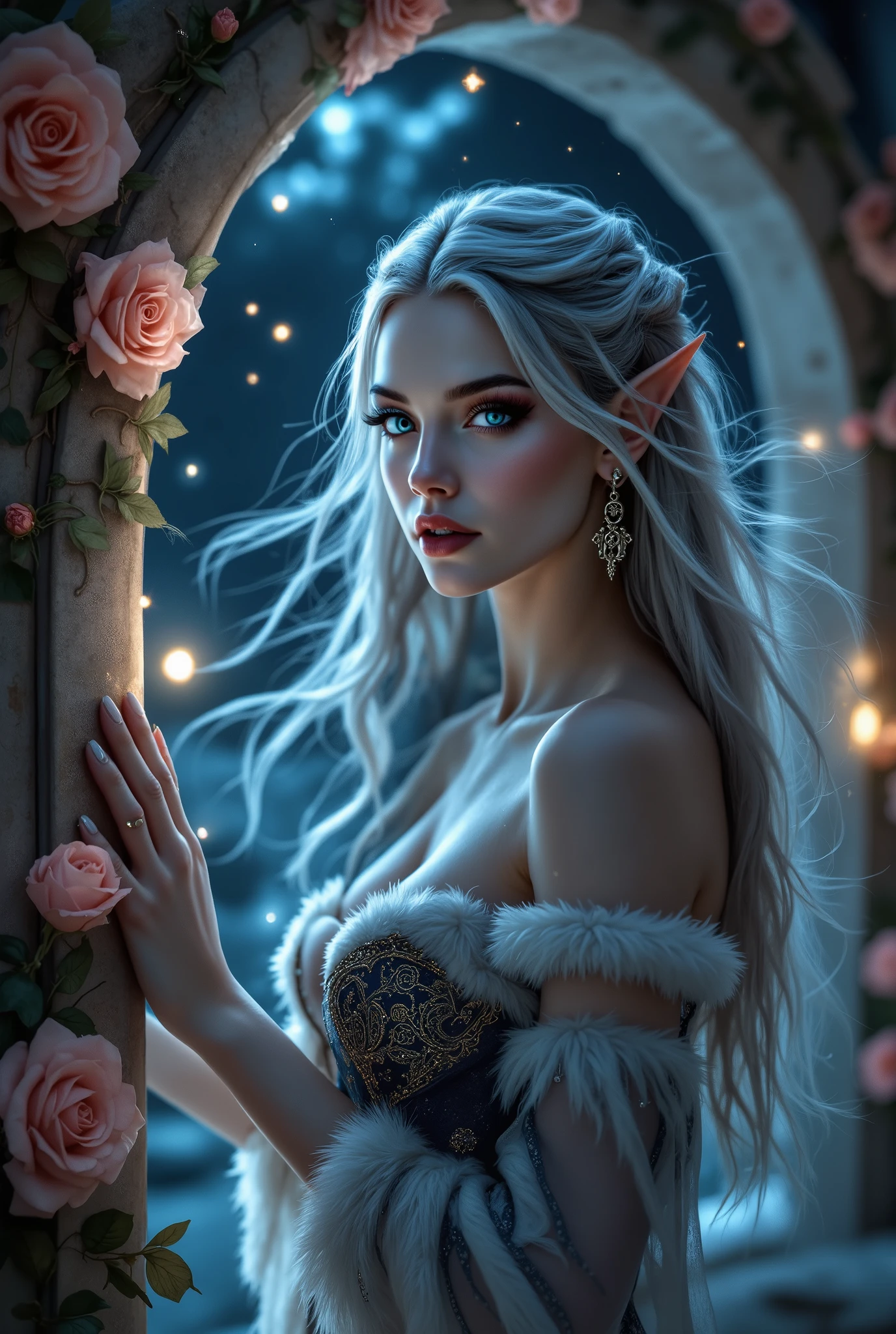 Beautiful girl, standing, night, looking up, looking at the stars, it s raining, gentle moonlight on her face, sitting sideways, bare shoulders, blond hair, white skin, blue eyes, silver dress, dress covered in blood, earrings, elf, hair between eyes, silver hair ornament, jewelry, lips, long hair, silver necklace, glitter necklace, pointed ears, solo, side view,