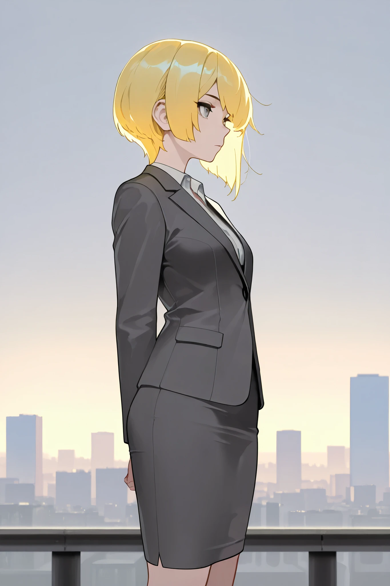 best quality, masterpiece,highest resolution, 1girl, solo, yellow hair,long cut, expressionless, gray eyes, suit, dress shirt, skirt, city background, (big breast:0.6), standing, {far away view}, focused on background,far away, wide shot, far shot, looking sky, solitude, side view