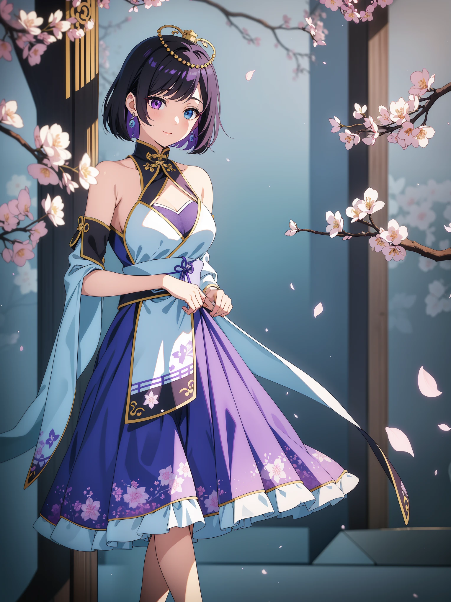 (high-quality, breathtaking),(expressive eyes, perfect face) 1female, girl , solo, ager, asian woman hairstyle, short hair length, soft wave, black hair color, Heterochromia left eye blue and right eye purple, white and black dress, shawl, blue and purple background, music, gentle smile, swirls in background, music notes background, beautiful background, symmetrical eyes, Qing Dynasty Costumes, hairpin, cherry blossom background, full body, portrait, symmetrical body, centred composition, intricate details
