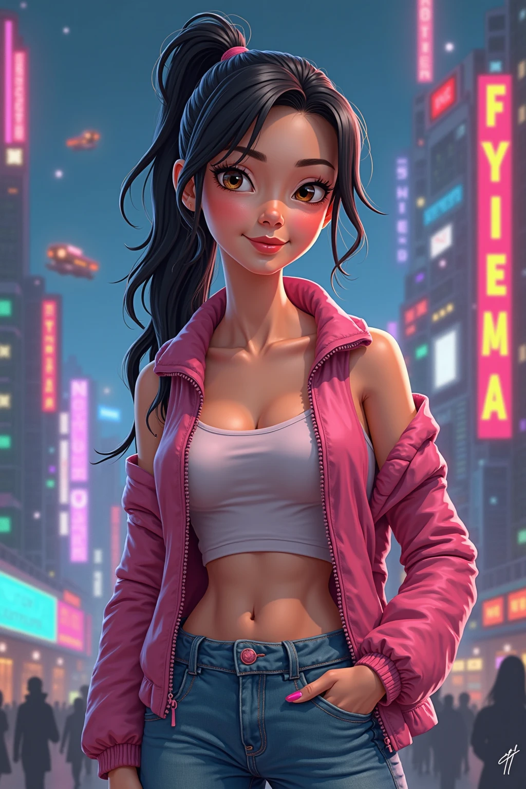 Full hd cartoon style image of gta v loading screen of a thai woman in workout clothes with bangkok as the background.