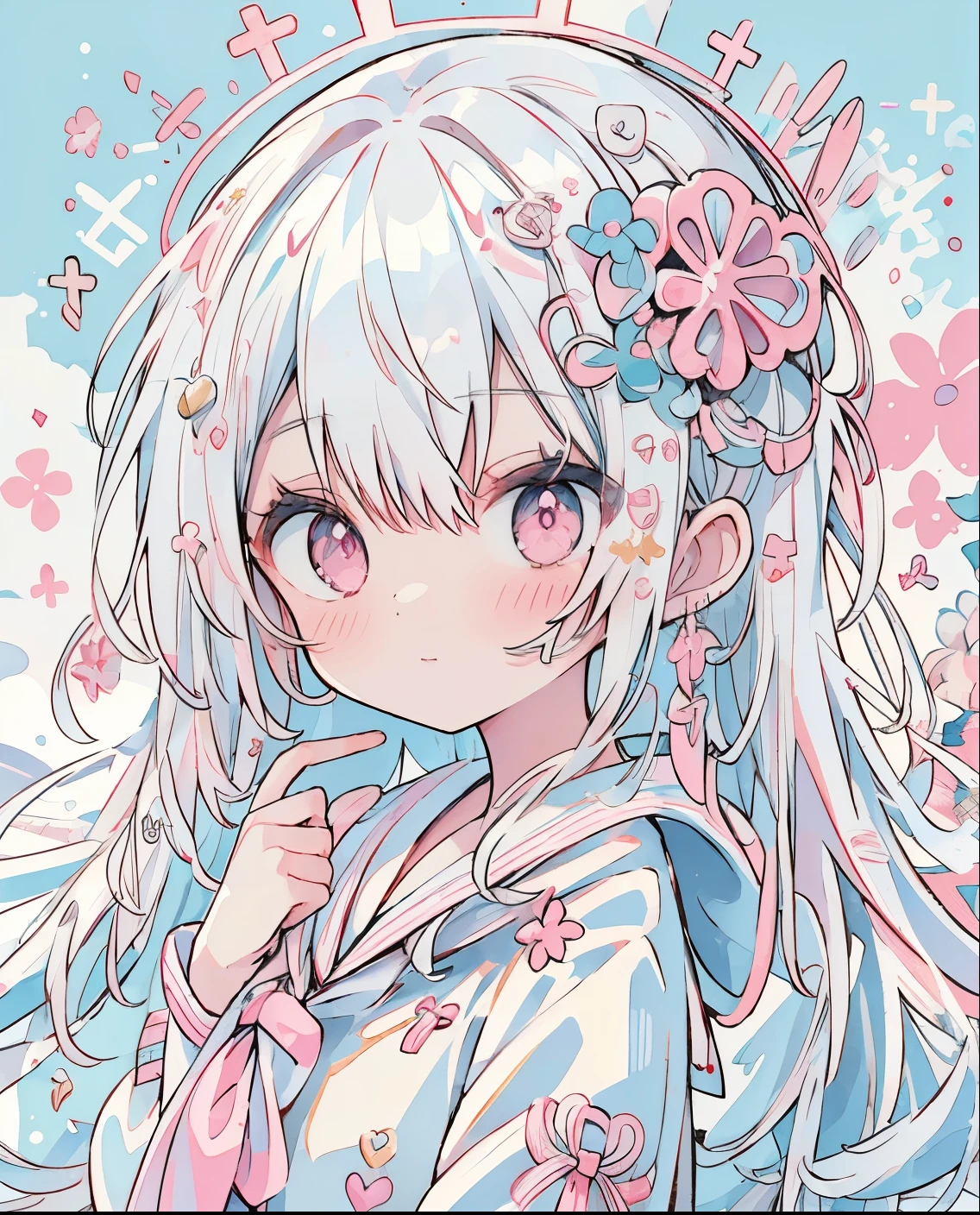 more absurd, hight resolution, (Anime style:1.1), ((masutepiece)), ((Best Quality)), (Ultra-detailed), (Beautiful), solo, Beautiful face、Cute s,Wind,White hair、Hair long、 long、Pink eyes、Hair flutters in the wind、White sailor suit、Light blue tie、cute light blue skirt、(masutepiece、masutepiece、8k)Floating in the air(angelicales、angel wings)(((angelicales)))(((a sailor suit)))