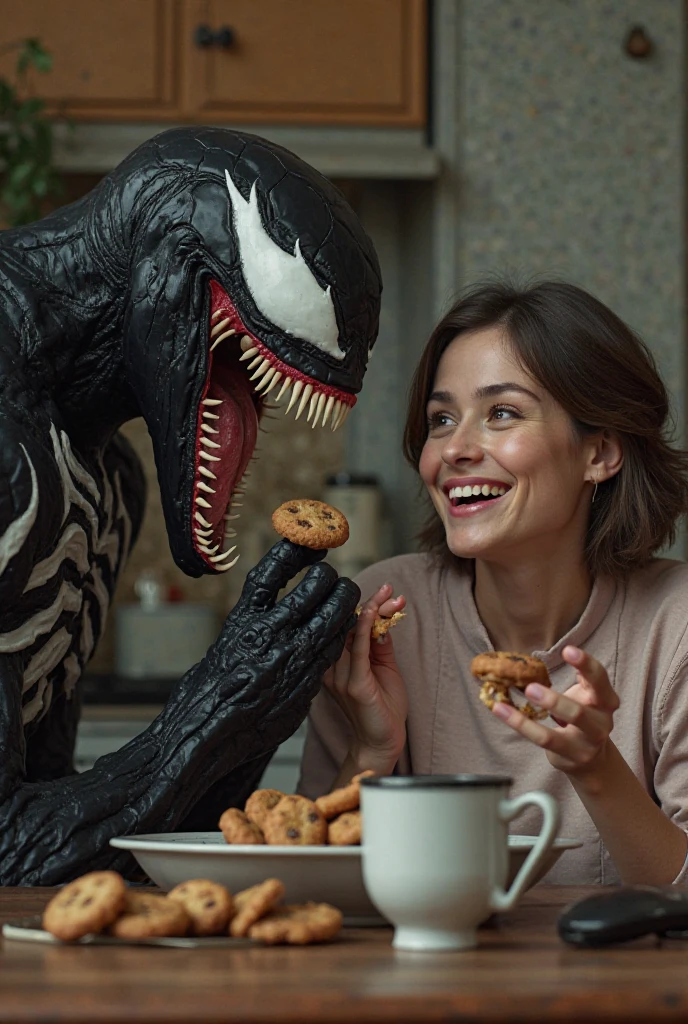 This photo shows a light-hearted and somewhat humorous scene in which Venom, a character known for his menacing appearance, stands with a mother and her child. The mother is smiling warmly, and the child is smiling as he brushes his teeth. Venom, with his big, toothy smile, is leaning in close, holding a toothbrush, adding a fun twist to an otherwise normal family moment. The contrast between Venom's frightening appearance and the everyday activity of brushing teeth creates a quirky and memorable image.