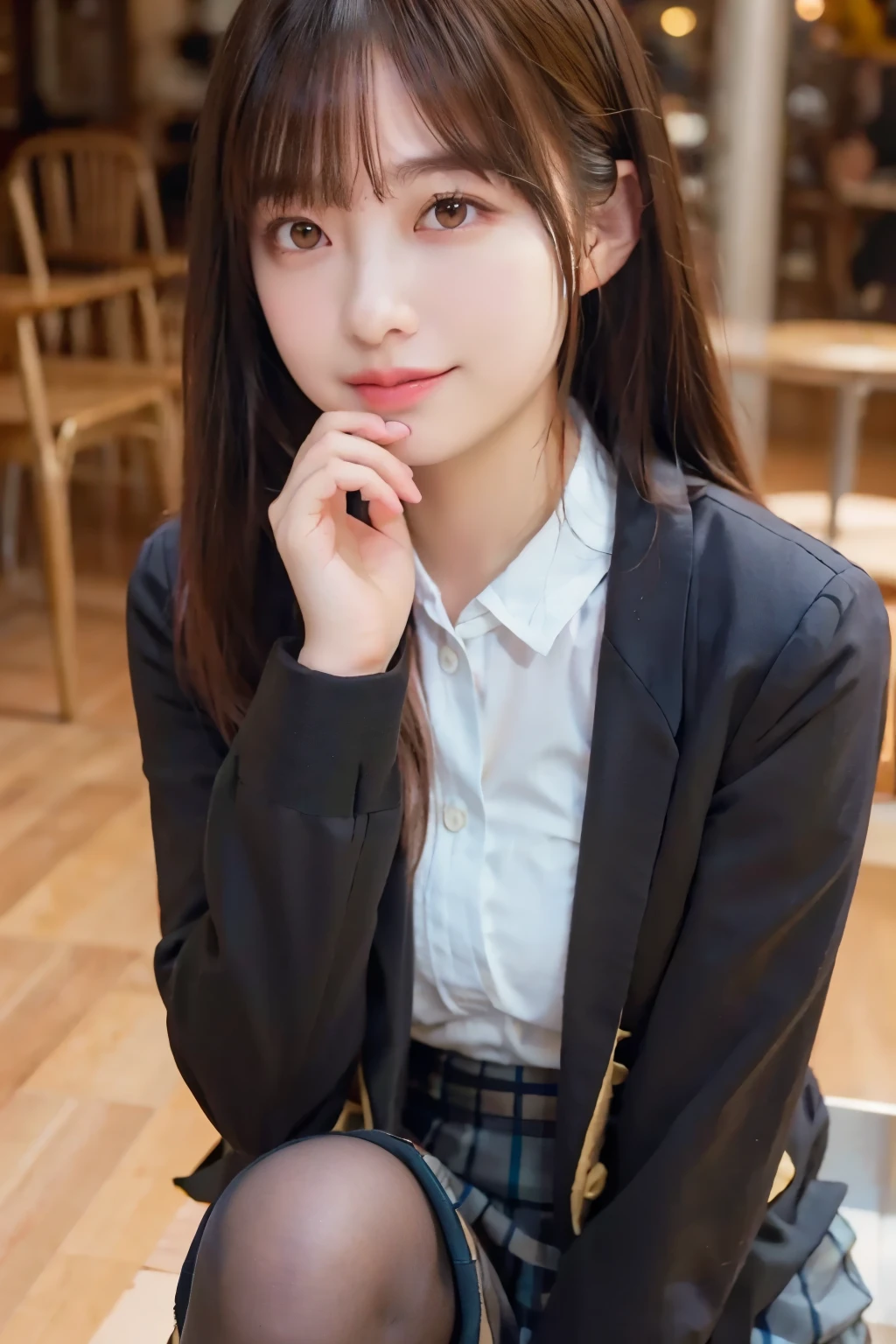 1 girl, alone, pantyhose, brown hair, squat, brown eyes, skirt, stares at viewers, pencil skirt, office lady, jacket, indoors, long hair, shirt, bangs, black jacket, , white shirt, black skirt, hair between eyes, Long Sleeve, place your hand on your face, while tasting, small breasts, brown pantyhose, suit, big breasted, Chest, formal, smile, black pantyhose, open your mouth , putting hands on your cheeks, beautiful girl,8k, Ultra High Definition,RAW photo,(table top:1.2), (TOP QUALITY:1.2),realistic, photorealistic,sharp concentration, Professional