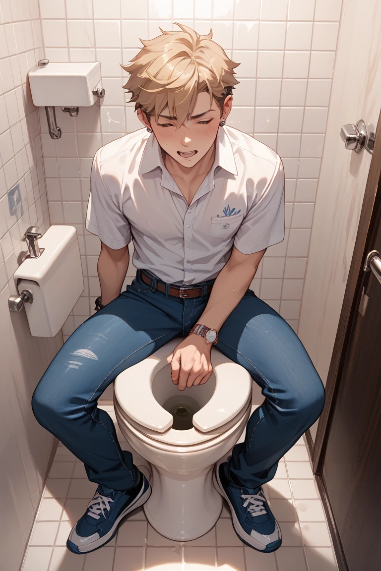 Taking a selfie while sitting in pain on the toilet。View from a smartphone camera。