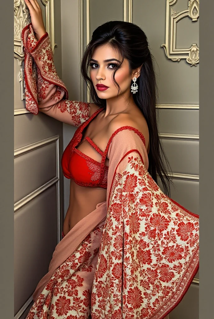 a beautiful chubby indian woman with wolf cut hairstyle, wearing a red saree and bra, with super delicious body, huge breast, extremely detailed face, full lips with red lipstick, high quality, digital art, hyperrealistic, 8k, cinematic lighting, dramatic colors, photorealistic