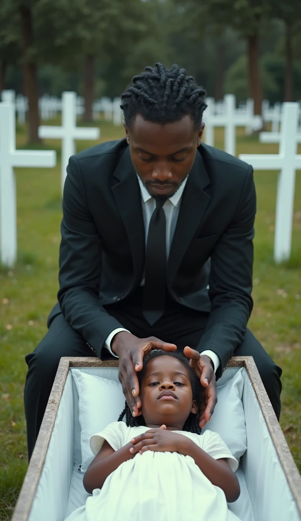 ((1)) adorable little black boy incredibly charming, candles in hand, with storm in the background, birds flying, enjoying a beautiful rain ride, storm in the cemetery, night, surrounded by beautiful white flowers, tombstones, graves, crosses, natural landscapes, photo taken full body. The illustration is in high definition in 8k resolution, with highly detailed facial features