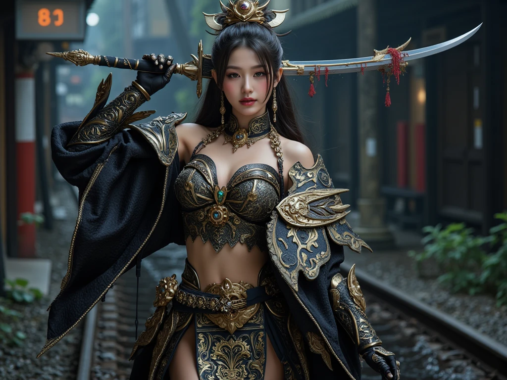 tmasterpiece,A high resolution,Absolutely beautiful,Oriental women,Eastern warriors,a mature female,,Fine and detailed eyes and detailed face,Tall and tall,She wears armour,Full coverage of the armor,Armor pants,Armor boots,Show off your armor and iron boots、、decor,Shogun, allure:(Tall:1.4),haughty,Mature temperament,(Wide buttock:1.4),(Thick thighs:1.4),Majesty,Rich scene detail,In the midst of the war,are standing,action