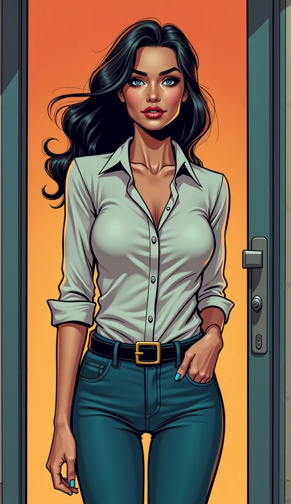 pencil and ink illustration, a young woman, taking a selfie, perspective, POV, wearing a tshirt, cleavage, smal breasts, pretty face, comic style, cartoon style, ink shading, hard shadows, extreme sharp, extreme detail, HD, HDR, 8K, masterpiece, best quality, best resolution, detailed face, detailed eyes, focused