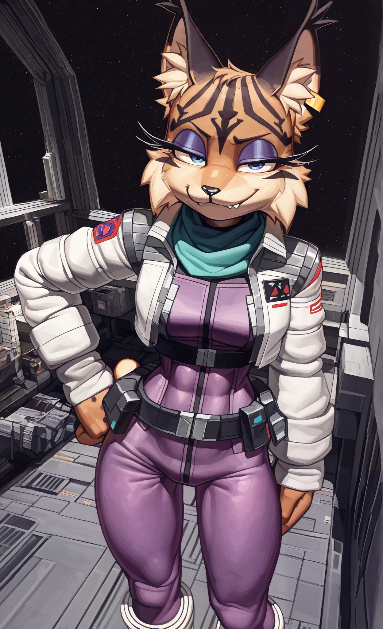 ((Miyu Lynx)), ((Starfox)), ((pixelsketcher style)), ((wamudraws style)), ((masterpiece)), ((high resolution)), ((solo portrait)) {(attractive figure), (toned body), (slim waist), (beautiful legs), (brown fur), (black nose), (long pointed lynx ears), (dark blue eyes), (half lidded eyes), (indigo eyeshadow), (long eyelashes), (sharp fang), (smug grin), (relaxed expression)}, {(purple jumpsuit), (white jacket), (white combat boots), (turquoise scarf), (utility belt)}, {(standing), (hand on hip), (looking at viewer)}, ((hangar)), ((space))