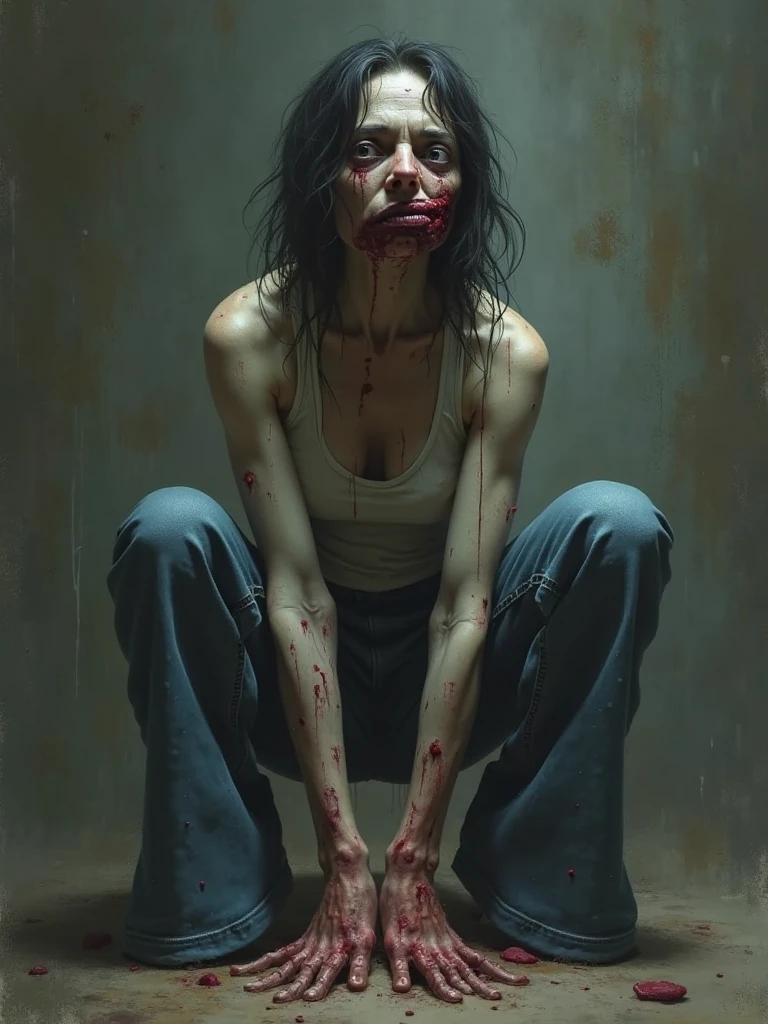 Visualize a gaunt, emaciated figure sitting in a dark, dimly lit room. The narrator's skin is pale and stretched tight over their bones, with deep, dark circles under hollow, haunted eyes. Their hair is disheveled and unkempt, and their clothes are tattered and stained with blood and grime. The narrator's hands are clenched, showing signs of self-inflicted wounds, with raw, bleeding flesh visible. Their expression is one of despair and madness, with a vacant stare that suggests they are barely holding on to sanity. The room around them is cold and sterile, with signs of violence—scratches on the walls, smeared blood, and broken objects scattered around. The atmosphere is oppressive, filled with a sense of horror and torment., cinematic