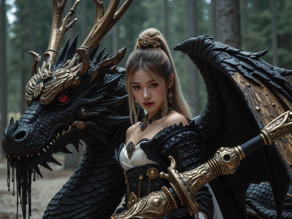 Black eyes,Dragon Girl,Gentle and handsome,A dragon king,Dragon's Eye,Dragon ears,Dragon's Tail,Dragon's Horn,Dragon wings,whole body,front,Look at the lens,Long hair,Eyes are normal,flat chest,Aho,Red dragon horn,Purple flame,Holding a knife in hand,太刀冒Purple flame,Dragon's hand,There are dragon scales on the hands,There are claws on the hands,The action of drawing a sword from its sheath,Red Taitao,