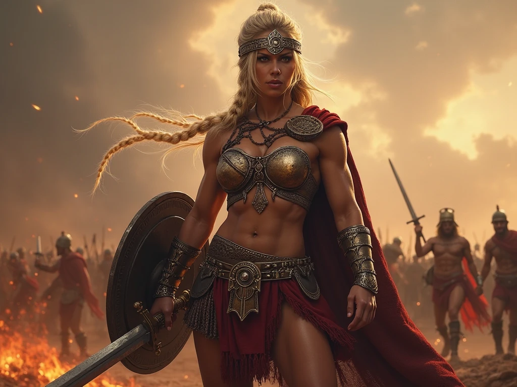 objective: (feature An anorexic DynastySeries Model with superior GIGANTIC ASS, tiny  abs waist), subject: (Amazon with voluptuous lower body, feminine figure, A bottom-heavy, superior Goddess BUTTOCKS ASS, with the worlds 🌎 largest buttocks, zero waist), Hair: She has a very long blonde hair. mood: (), attire: (), personality: (), An Amazon posing with confidence and courage. Body: the breasts are tiny and small, The waist is tiny zero. wide hips are voluptuous and very strong trapezoidal and toned. Her body is voluptuous and delicate and Womancore. She has an immensely full round and protruding buttocks glutes. Face: like Courtney Cox. Image style and definition: (ultra realistic photo, feminine figure, portraits, intense detail, Reductionist form, UHD, mujercore.) Clothes: Amazon armoured suit. The armor is bright metallic with flowers and intricate details. She has a long sword and a shield with relief symbol. Background: white room. #HyperAss #BottomHeavy #WideHips #HugeAss