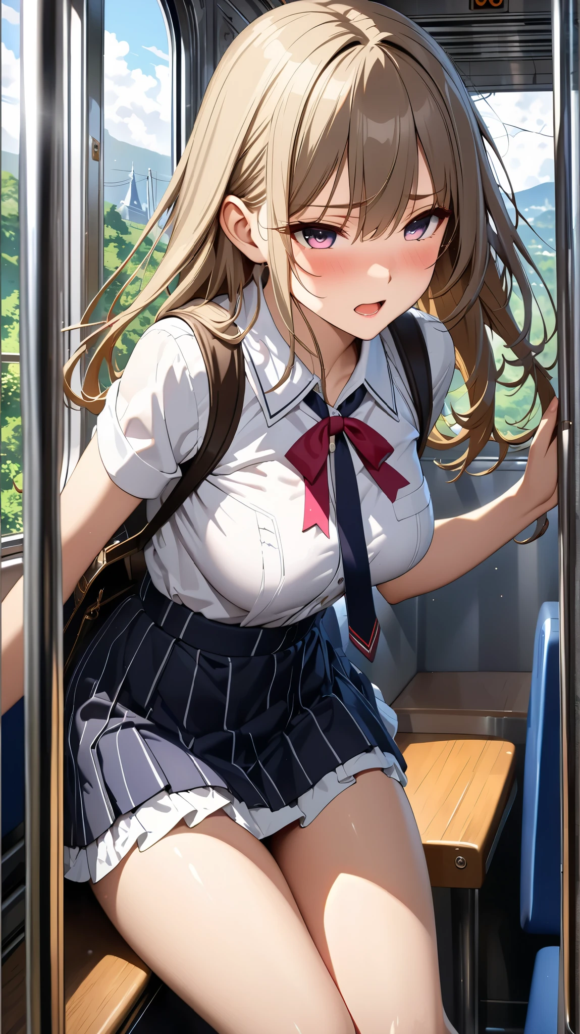 Perfect quality, masutepiece, 16 K, (From below:1.8), Beautiful girl standing in the train , Light brown long hair, High School Uniform, Brown eyes, Sweat, blushed face, Plump breasts, Open her legs, Looking at Viewer,