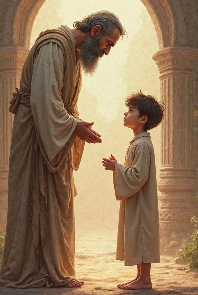 Depict Hasan asking Ali with curiosity, and Ali smiling, explaining the importance of helping others in Islam.*