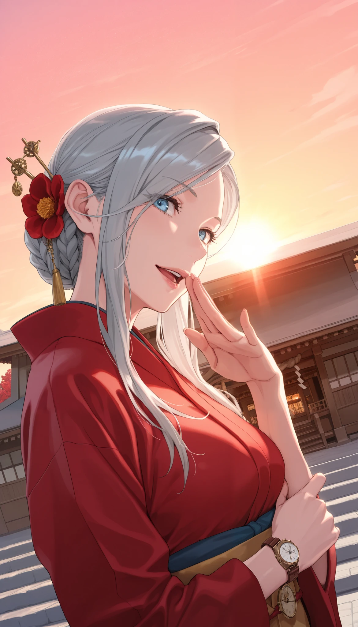 masterpiece, TOP QUALITY, Alone,1 girl, cute, Alone, Gray Hair, long hair, braided bun, red flower hair stick, blue eye, watch viewers, 片eye閉じ, big smile, open your mouth, medium breasts, traditional red kimono , Dutch angle, upper body, Twisted Pose , head tilt, own hand together, hand to the side, bitches line up in front of the motel, shrine, Sunrise, backlight, sunlight filtering through the trees, emphasis on fine fabrics, rimlight, facial focus, break, Very elaborate clothing, eye, hand, refer to, lips, detailed eye, shiny skin that is creating, detailed skin, detail hair , high contrast