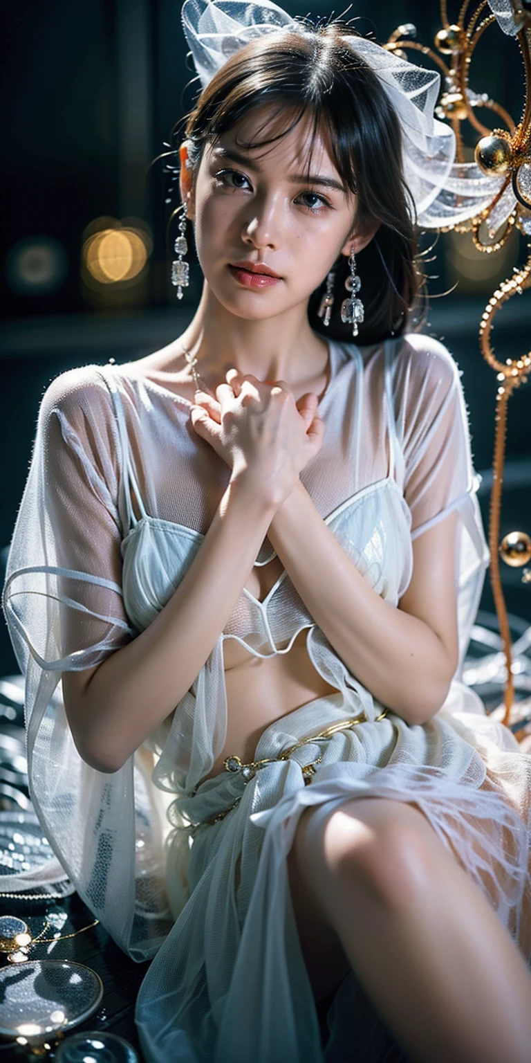 best quality,masterpiece,extremely Detailed details,high resolution,8k,intricate details,realistic,photorealistic,dramatic lighting,
1girl,dunhuang_clothes,dunhuang_dress,small breasts,partially hidden by the clothing,(see-through:1.3),Through a thin veil,glimpses of breasts are visible,creating an alluring and suggestive effect,reveals glimpses of her skin and the contours of her chest,
cowboy shot,dancing, (((Trendy hairstyles)))