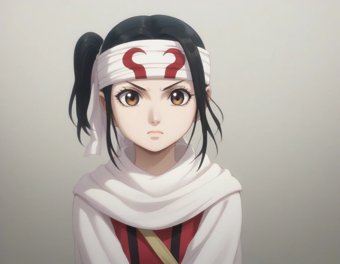 eyes score_9, score_8_up, score_7_up, 1girl, kyoukai cowl (((headband))) body guard v arms oval face hasuki komai, black hair, ribbon, brown eyes, hair ribbon, side ponytail,