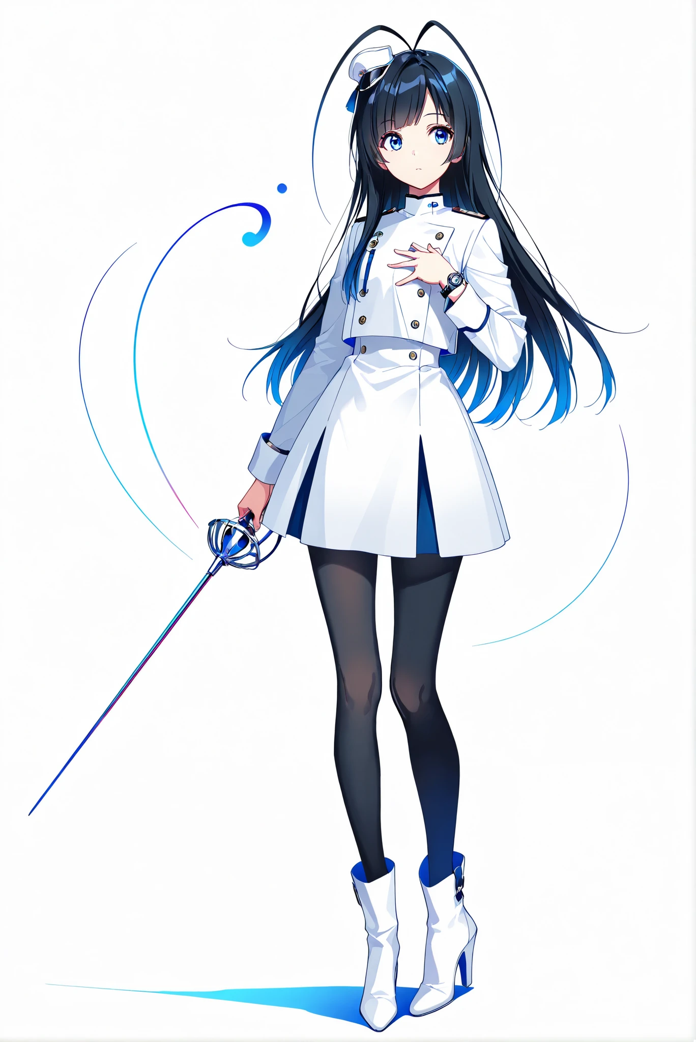( holding sword rapier , stands,full body,heels,front view,Standing picture,white background:1.7),HoleHeels,oval/Circle/Thorn/Horn Heels,,finite palette,Colorful,vivid colors,flashing silhouette,neon,black light ,watch, masterpiece, Very Beautiful,giselle_gewelle , androgynous, 1girl , long hair, black hair, Antenna Hair, blue eyes,pantyhose, mini hat, long sleeves, white uniform, white boots