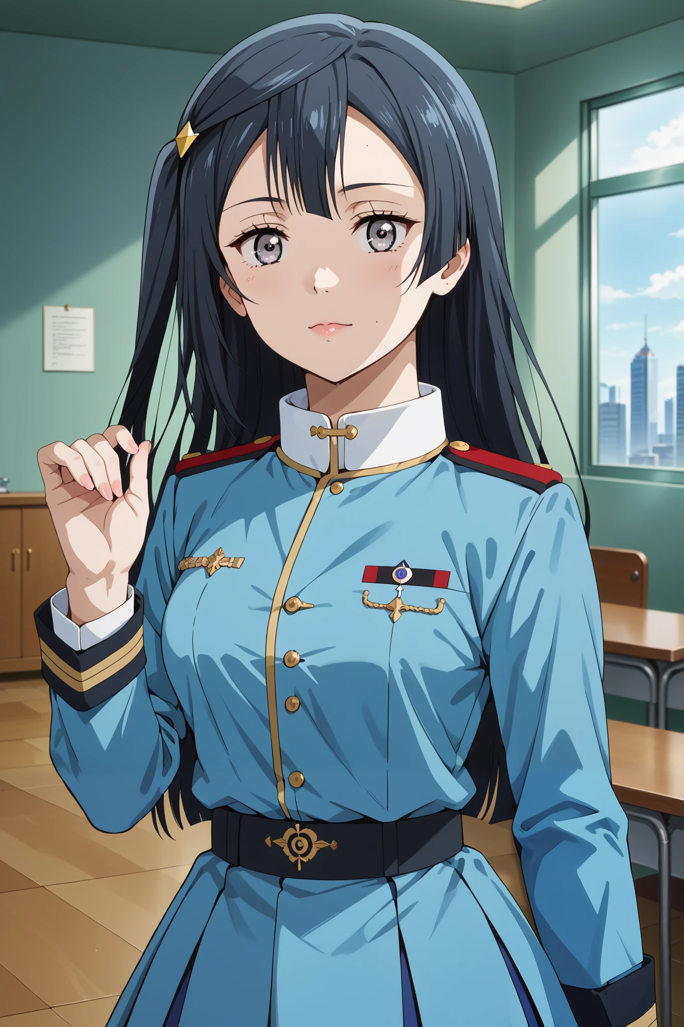 score_9, score_8_up, score_7_up, source_anime, 4K,perfect fingers,(perfect hands, perfect anatomy),prefect lighting, very aesthetic, intricate details,highly detailed background, masterpiece, high quality, best quality,
1girl, setsuna yuuki, yuuki setsuna (love live!), long hair, bangs, black hair, sidelocks, grey eyes, one side up, hair ornament, Large Breast,,
wearing ((blue jacket, blue skirt, jacket,military, military uniform,shirt, )),,
looking at viewer, indoors, military place, (perfect hands, perfect anatomy),
