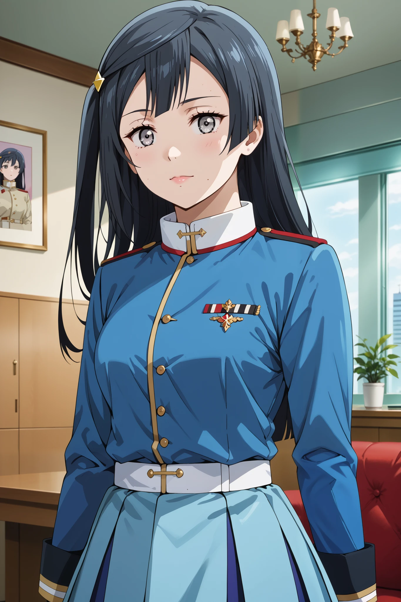 score_9, score_8_up, score_7_up, source_anime, 4K,perfect fingers,(perfect hands, perfect anatomy),prefect lighting, very aesthetic, intricate details,highly detailed background, masterpiece, high quality, best quality,
1girl, setsuna yuuki, yuuki setsuna (love live!), long hair, bangs, black hair, sidelocks, grey eyes, one side up, hair ornament, Large Breast,,
wearing ((blue jacket, blue skirt, jacket,military, military uniform,shirt,  )),,
looking at viewer, indoors, military place, (perfect hands, perfect anatomy),