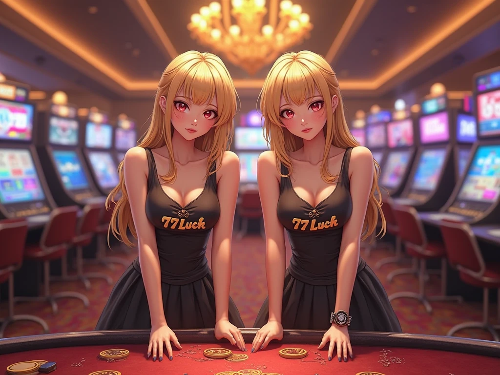 two beautiful white skin blonde wave hair women wearing high school uniform indonesian holding up a sign "coblos4d regist now", text fit with sign, teasing smile, happy, 3D Render RealCartoon, photorealistic, casino background, big breast, cleavage, standing behind poker table, asian girls