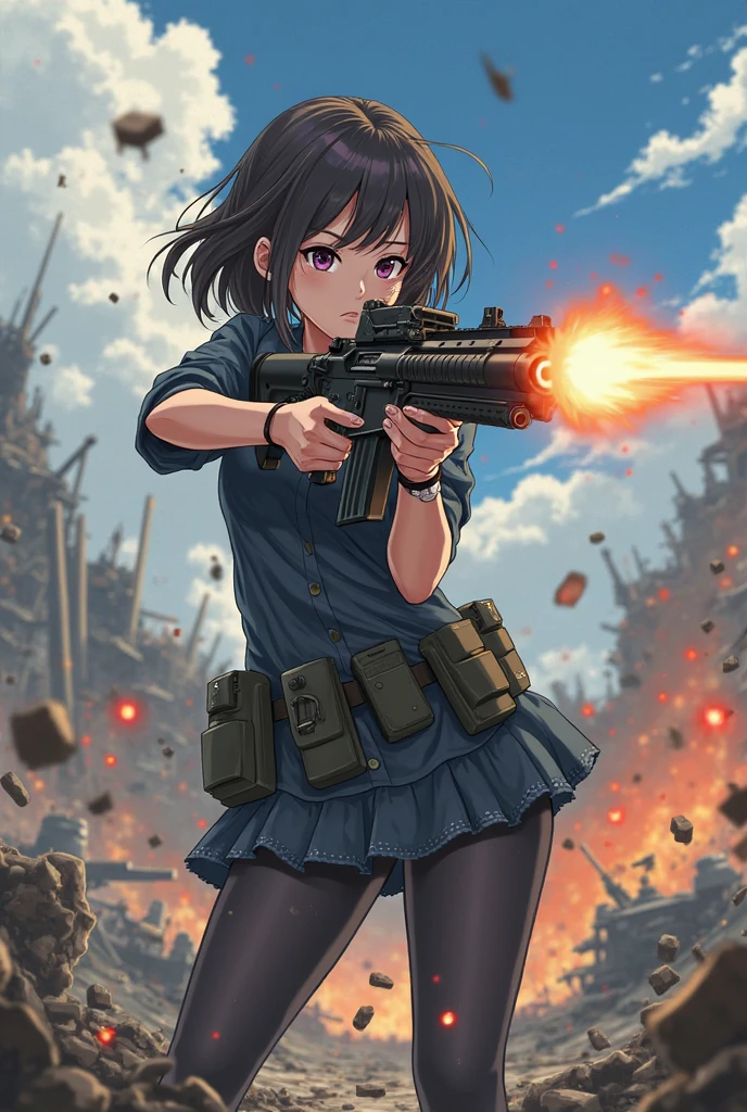 masterpiece, High quality, Cinematic lighting, Front camera angle, Ruined metropolis, High school girl standing on the ground holding an assault rifle (M16), Beautiful girl, Invincible grin, Stylish, Short hair , cleavage, short sailor suit, tartan miniskirt, dynamic pose,