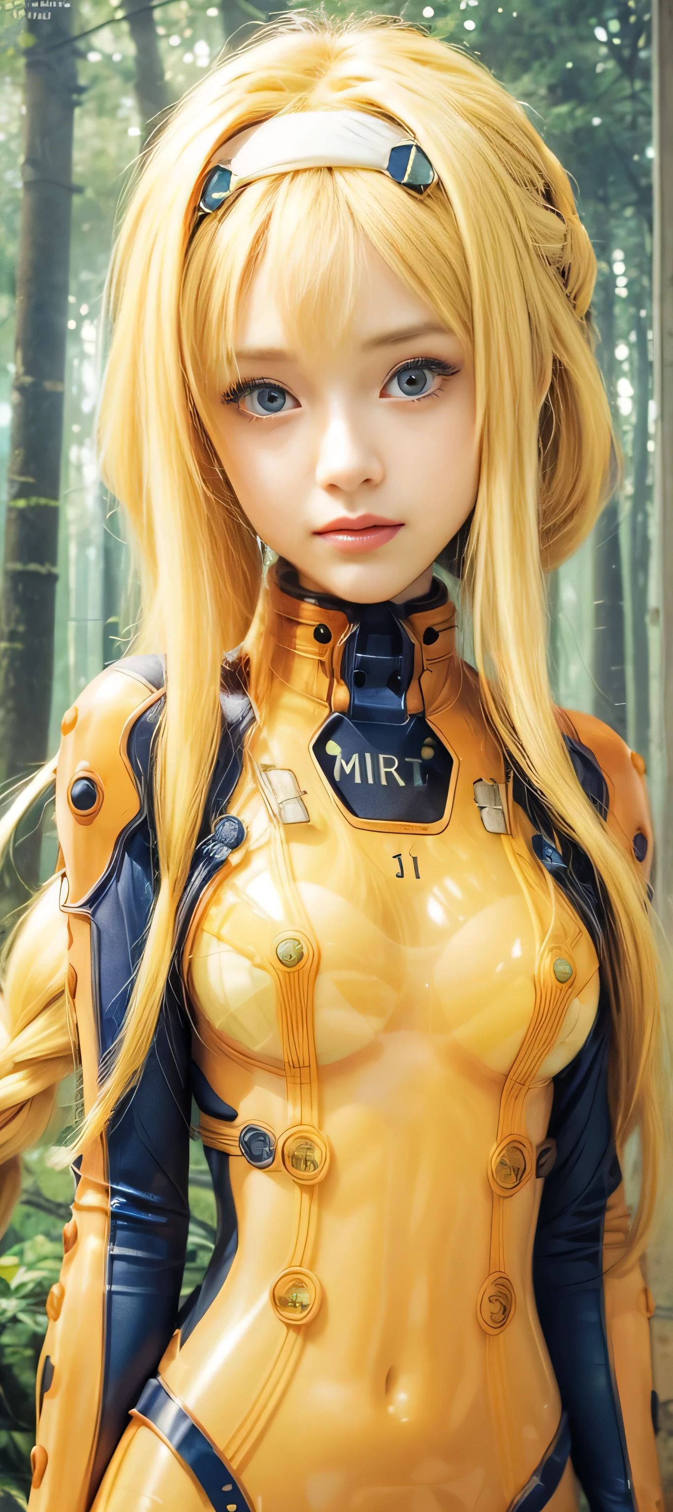 masterpiece, best quality, (realistic,photo-realistic:1.4), (RAW photo:1.2), extremely detailed CG unity 8k wallpaper, delicate and beautiful, amazing,finely detail, official art, absurdres, incredibly absurdres, huge filesize, ultra-detailed,extremely detailed eyes and face,light on face,alice zuberg,(little smile),(blonde hair:1.4),(long hair:1.4),(wearing transparent plugsuit:1.5),forest background,white hairband