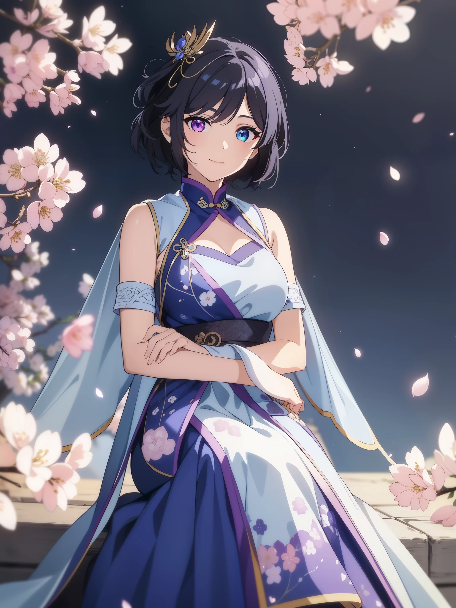 (high-quality, breathtaking),(expressive eyes, perfect face) 1female, girl , solo, ager, asian woman hairstyle, short hair length, soft wave, black hair color, Heterochromia left eye blue and right eye purple, white and black dress, shawl, blue and purple background, music, gentle smile, swirls in background, music notes background, beautiful background, symmetrical eyes, Qing Dynasty Costumes, hairpin, cherry blossom background, full body, portrait, symmetrical body, centred composition,

