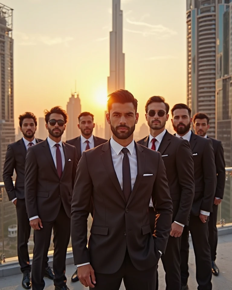 (Group of men:1.2), standing side by side, pose for the photo, wearing suit and tie, black and white, high detail, sharp focus, full body, realistic photo, New York City in the background, HDR, 8k, (Highest image quality), (((extremely detailed))