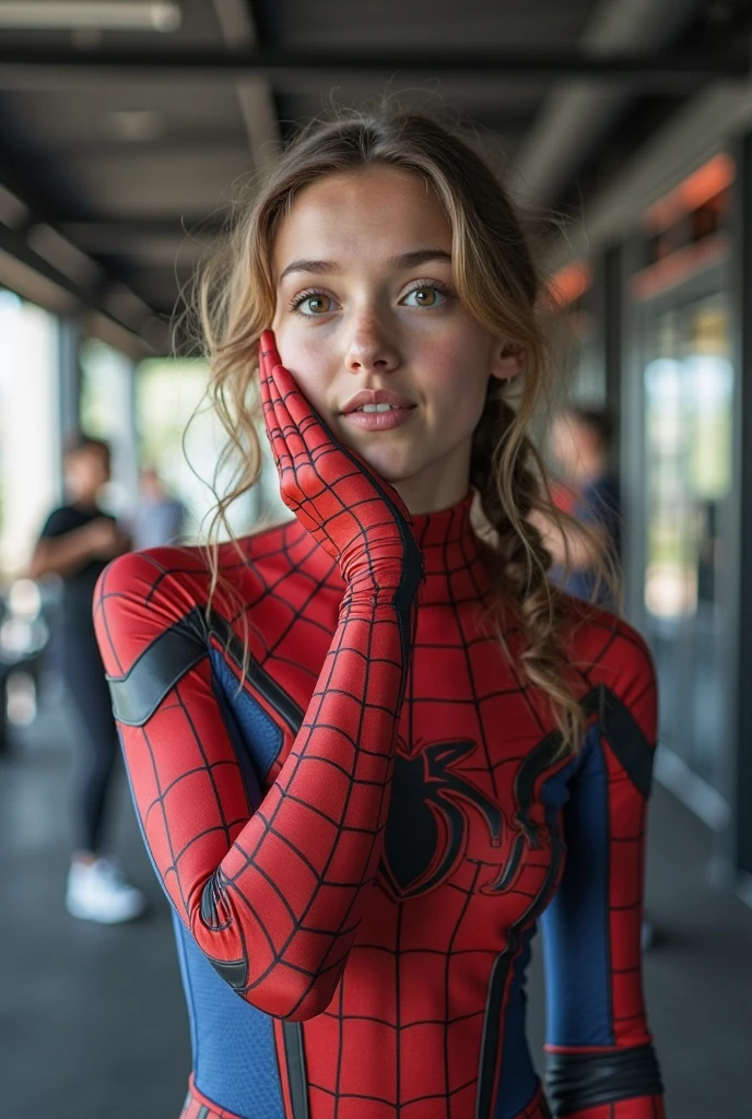 Marvel movies,from above,photo of a 18 year old girl,spiderman,going up the stairs,putting hand on handrail,happy,ray tracing,detail shadow,shot on Fujifilm X-T4,85mm f1.2,sharp focus,depth of field,blurry background,bokeh,<lora:add_detail:1>,<lora:LCM_LoRA_Weights_SD15:1>,