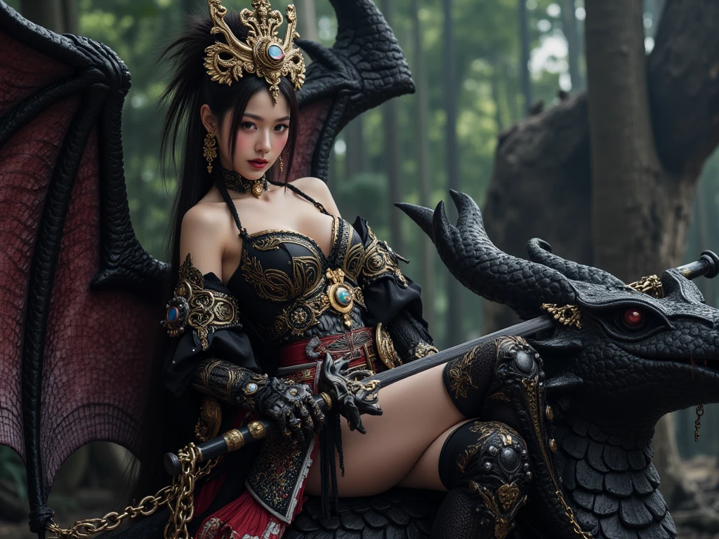 Dragon princess sitting in front of a dragon,( absurdly,high quality , Super detailed),(See photographer ), black dragon queen,Detailed and beautifully colored dragon costume,fantastic world