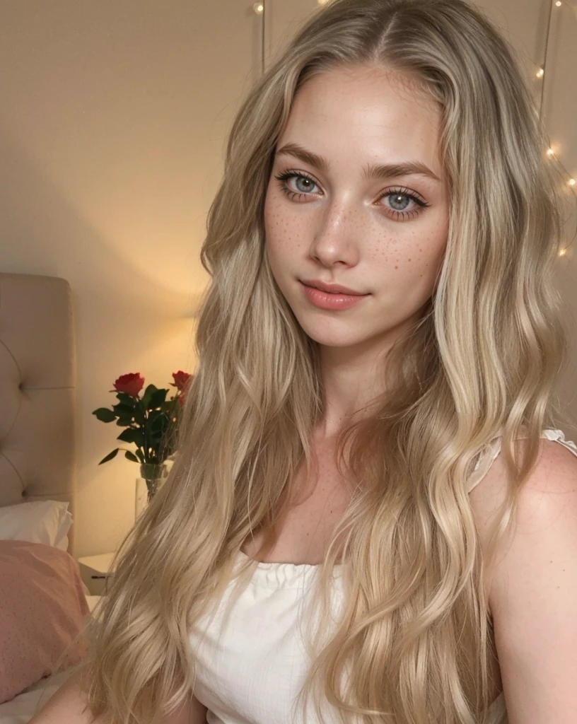 Rosto de uma mulher, americana, 25 anos, pale skin and freckles, olhos cinzas, nariz delicado, soft and delicate lips, cabelo blondie cinza longo e ondulado, ultrarrealista HD fotorrealista altamente renderizado sorriso cativante