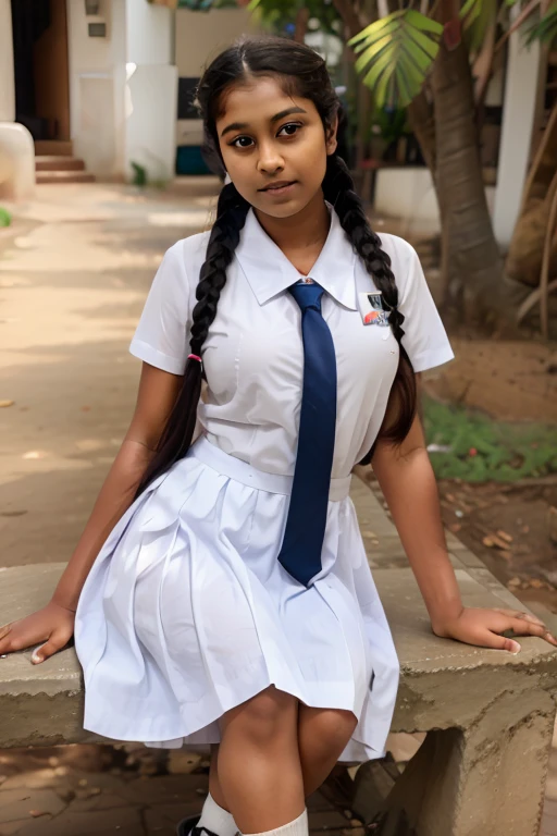 (masterpiece, best quality:1.2), 1girl, solo, 18 years old school girl wearing a white frock and colorful tie, with perfectly braided hair in plaits, barefoot, hyper realistic, cinematic look, detailed body parts with correct anatomy, realistic lightning, hyper realistic skin details.