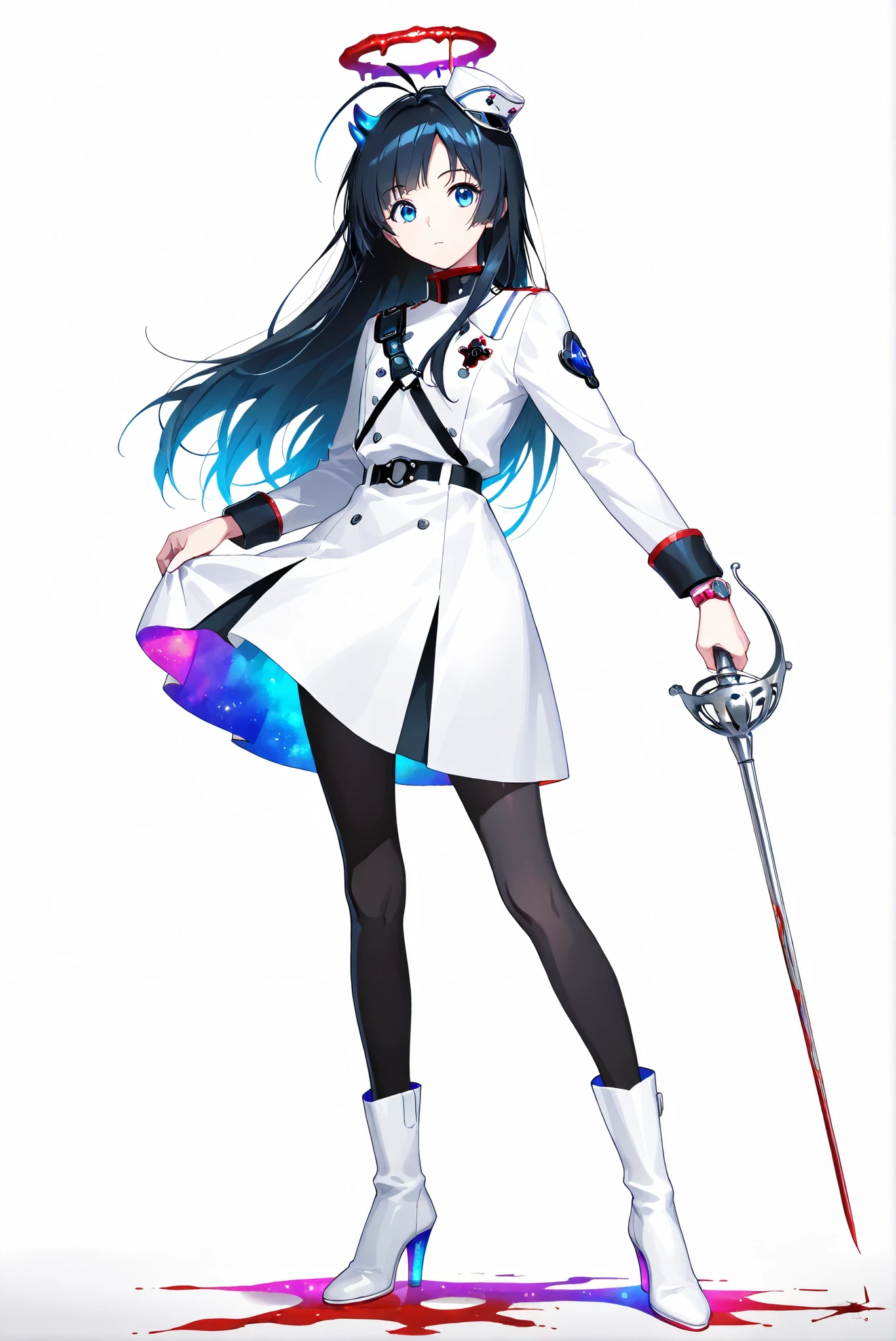 ( holding sword rapier , stands,full body,heels,front view,Standing picture,white background:1.7),HoleHeels,oval/Circle/Thorn/Horn Heels,,finite palette,Colorful,vivid colors,flashing silhouette,neon,black light ,watch, masterpiece, Very Beautiful,giselle_gewelle , androgynous, 1girl , long hair, black hair, Antenna Hair, blue eyes,pantyhose, mini hat, long sleeves, white uniform, white boots, (red body badge, ), [blood bone halo, Blood_Covered