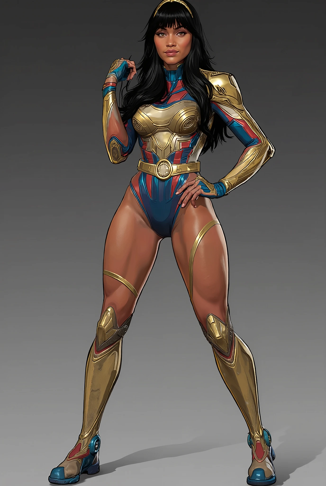 score_9, score_8_up, score_7_up, volumetric lighting, dynamic shading, 1girl, Yara Flor, dark skinned female, female is native Brazilian, blue leotard, knee high boots, amber eyes, tiara, tight clothing, golden chestplate armor, (cameltoe:.5),golden armband, golden pauldron, long black hair, blunt bangs, large breasts, skin indentation, eye contact,, flouting, suggestive pose, professional lighting, ultra realistic, hands on hips, hands on waist, grey background 8k, vibrant colors, highly detailed, grey background, full body, character design sketch in various perspectives, rear, front, 3 /4, profile
