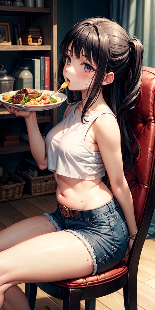 A topless woman in full-zip shorts eats a tlayuda at a taco stand Jeans have a belt With side slits Big Ass Spread your legs wearing a choker No arms