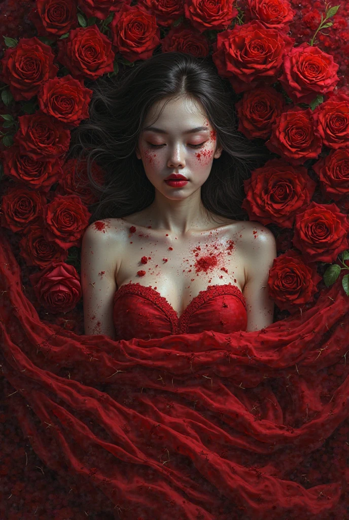 photo RAW of a girl laying in spider lilies covered in blood, full body shot, the girl is wearing a dior majestic white dress sharp focus, Realistic, realism, hd, 35mm photograph, 8k), masterpiece, award winning vougue fashion photography, natural light, perfect composition, high detail, hyper realistic cinematic photo RAW candid photo, fashion magazine photo, (sharp focus, hyper detailed, highly intricate), . Extremely high-resolution details, photographic, realism pushed to extreme, fine texture, incredibly lifelike,35mm photograph, film, professional

