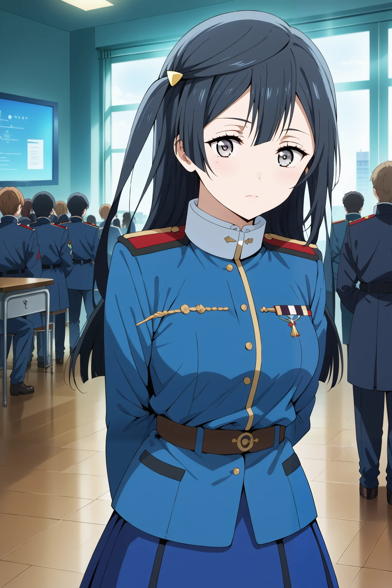 score_9, score_8_up, score_7_up, source_anime, 4K,perfect fingers,(perfect hands, perfect anatomy),prefect lighting, very aesthetic, intricate details,highly detailed background, masterpiece, high quality, best quality,
1girl, setsuna yuuki, yuuki setsuna (love live!), long hair, bangs, black hair, sidelocks, grey eyes, one side up, hair ornament, Large Breast,,
wearing ((blue jacket, blue skirt, jacket,military, military uniform,shirt, skirt, )),,
looking at viewer, indoors, military place, (perfect hands, perfect anatomy),(arms behind back:1.5),