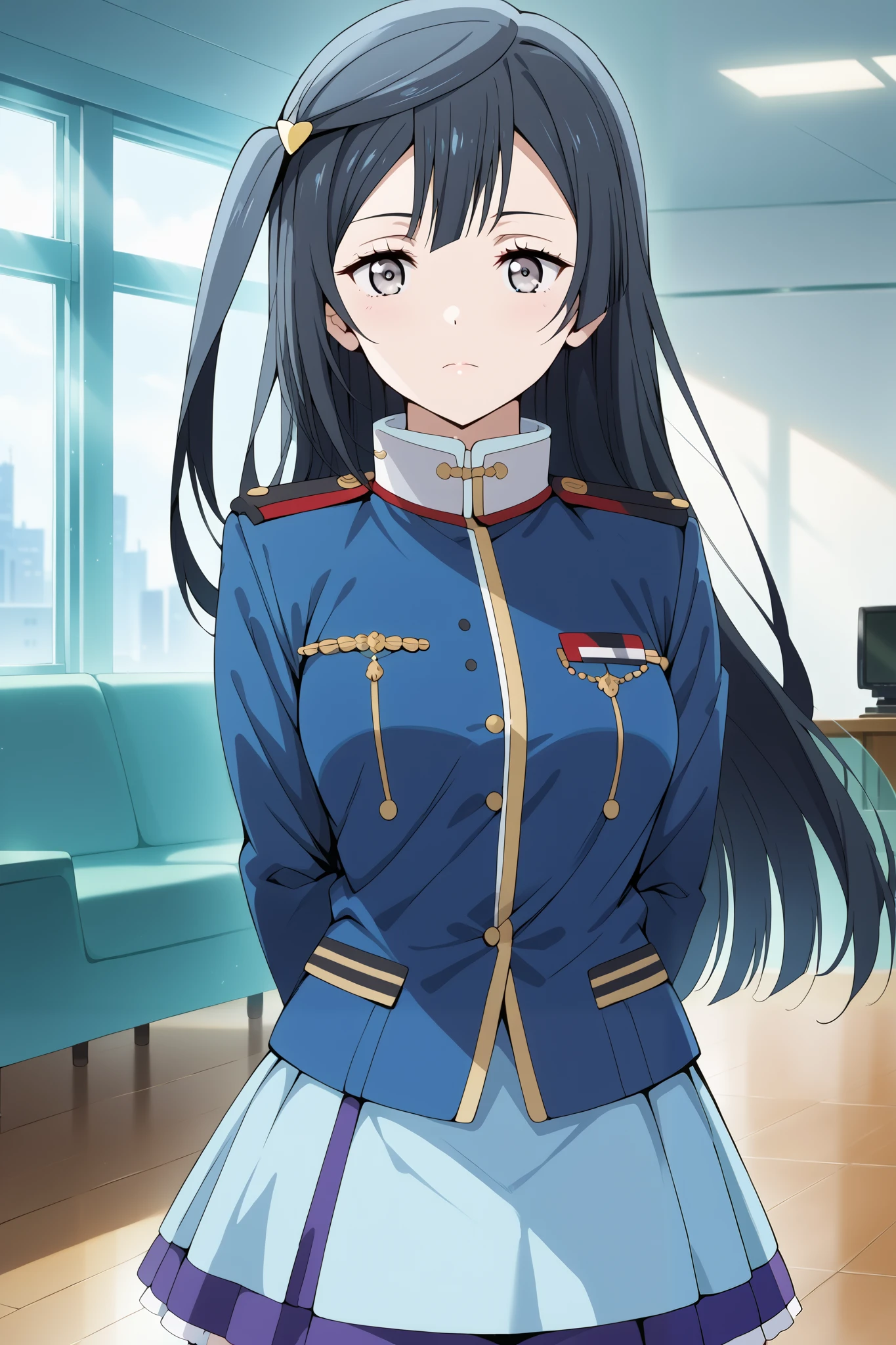 score_9, score_8_up, score_7_up, source_anime, 4K,perfect fingers,(perfect hands, perfect anatomy),prefect lighting, very aesthetic, intricate details,highly detailed background, masterpiece, high quality, best quality,
1girl, setsuna yuuki, yuuki setsuna (love live!), long hair, bangs, black hair, sidelocks, grey eyes, one side up, hair ornament, Large Breast,,
wearing ((blue jacket, blue skirt, jacket,military, military uniform,shirt, skirt, )),,
looking at viewer, indoors, military place, (perfect hands, perfect anatomy),(arms behind back:1.5),