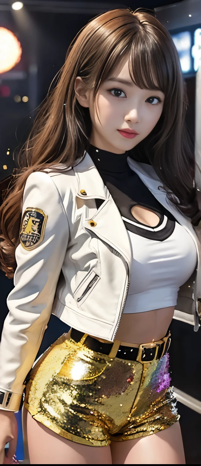 Pure sparkle idol girl(elegant hair)、A pure girl's face、 hypo、、Gold Sequin Tight Shorts、 White Leather Jacket 、Glowing Diamond Gun、Plasma Belt