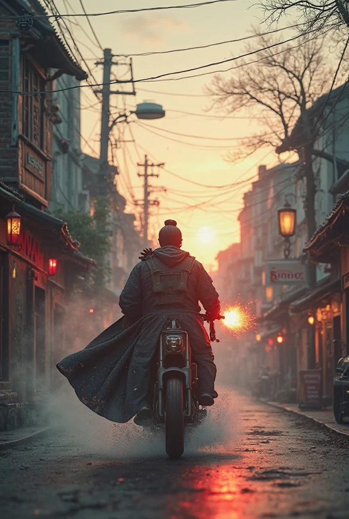 The sky is slightly bright,The streets of the city haven't fully woken up,The quaint “Huilin Tour”(MARK CARVLLI)and stood quietly,The wooden sign shook slightly in the morning breeze,The store door was closed。Sudden,A red light came rapidly from the corner of the street,stood still in front of the store,he stepped on the hot wheel,Dressed in Tianyan,Armed with a fire-tipped gun, is heroic