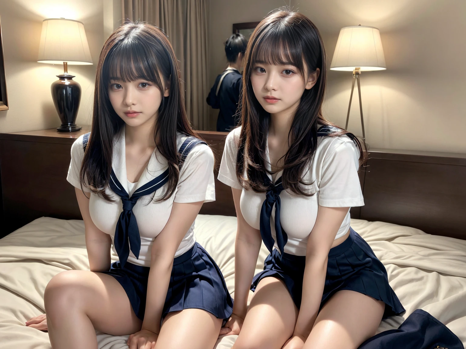 (8K, RAW Photos, Highest quality, masterpiece:1.3), (professional photography, full colors, studio-caliber color grading), (Gravure quality for high-end fashion magazines), close up, BREAK, (3 beatiful girls:1.2), (female high-school student, School Uniforms), (School Uniforms, white Cutter shirt, darkblue pleatedskirt), (short bob hair:1.1), (A dark-haired, The forehead is hidden by bangs:1.1), Black eyes, shinny skin, Beautiful delicate face, Beautiful delicate eyes, (Voluptuous body shape, Thicker thighs:1.2), One piercing in each ear, ((large breasts)), ((avy blue tie) ,looking at camera, BREAK , (The background is a luxury hotel room:1.2)